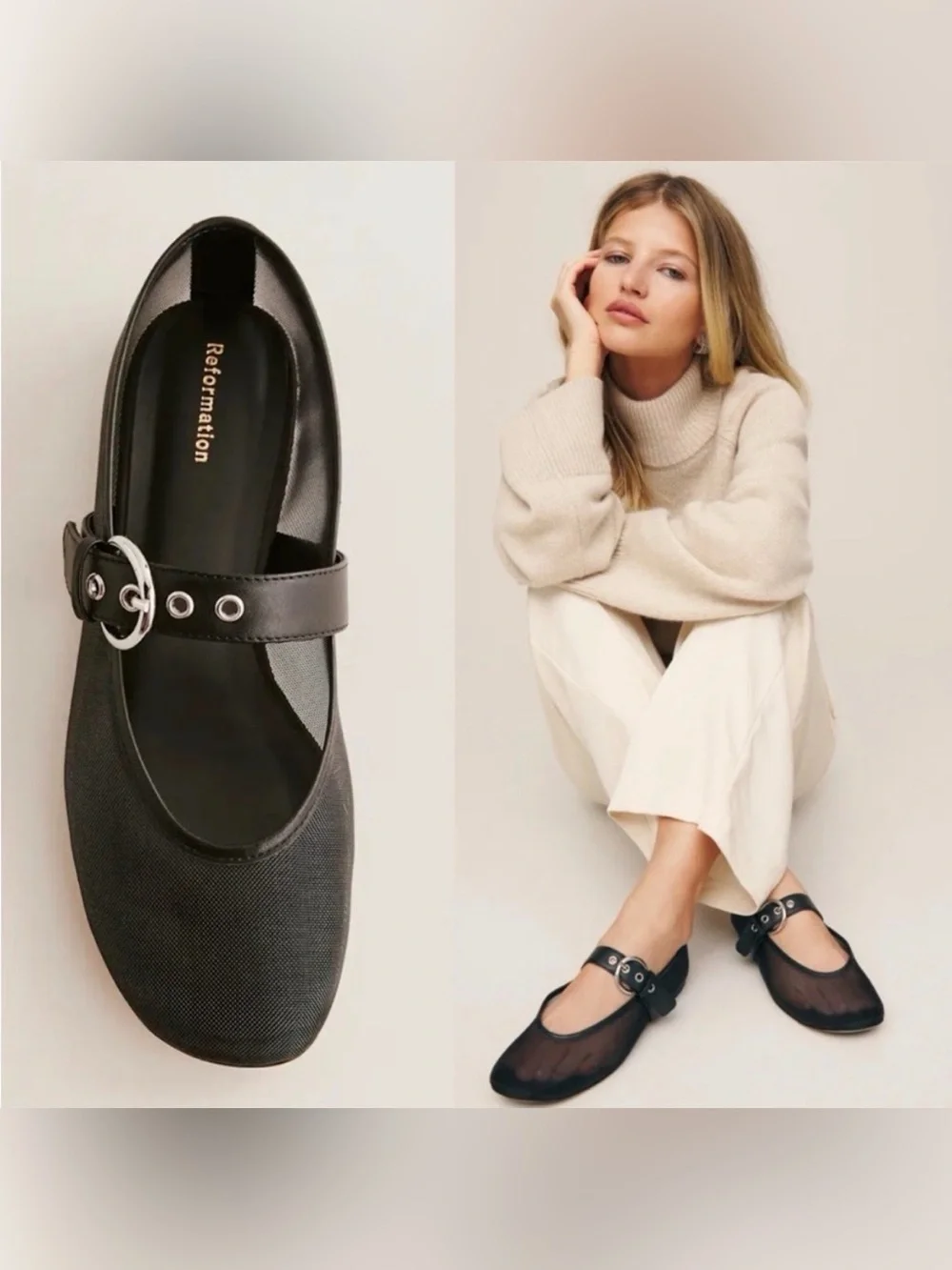 Reformation Bethany Ballet Flat Black Mesh Size 8.5